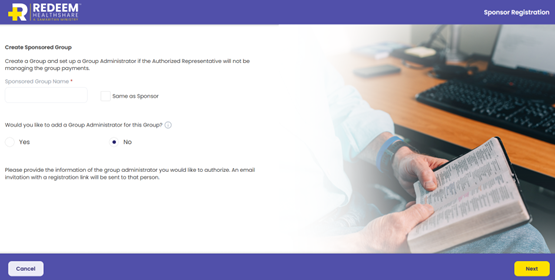 Create a Sponsored Group screen