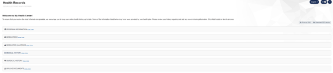 list of selectable option to add your health record information.