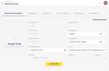 A list of tabs appears at the top of the screen: Personal Information, Address, Household, My Care Team, Disclosures, Permissions