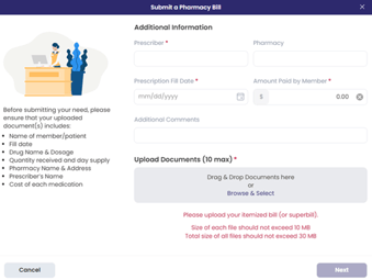 This is the Submit a Pharmacy Bill page so that you can complete the required fields and upload your pharmacy bill.
