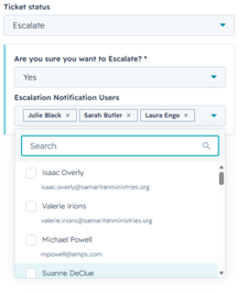 Ticket status field with Escalate selected. Two required dependent fields appear: a Yes or No escalation confirmation and a field to select users to notify about the escalation.
