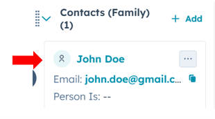 Red arrow pointing to the contact's name inside the groups content page