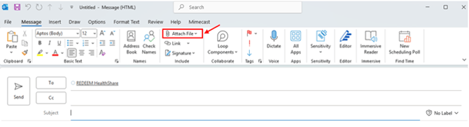 A red arrow pointing to a red box around a paper clip icon and the words Attach File