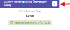 Red arrow pointing to the right-pointing chevron from the Current Funding Notice card