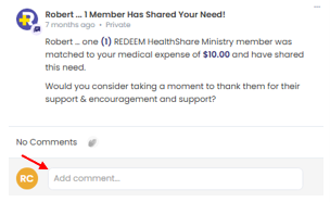 Red arrow pointing to the Add comment field so you can write a thank you note to the sending member.