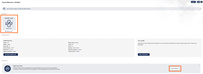 Red boxes around selectable option to select urgent care from the dashboard.