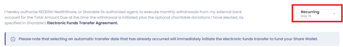 Red box around recurring date which is an option for you to choose when auto funding your Share Wallet.
