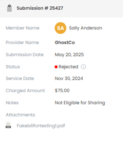 sample bill information for a rejected bill.