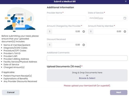 Submit a Medical Bill with fillable fields and a list of itemized details REDEEM HealthShare requires.